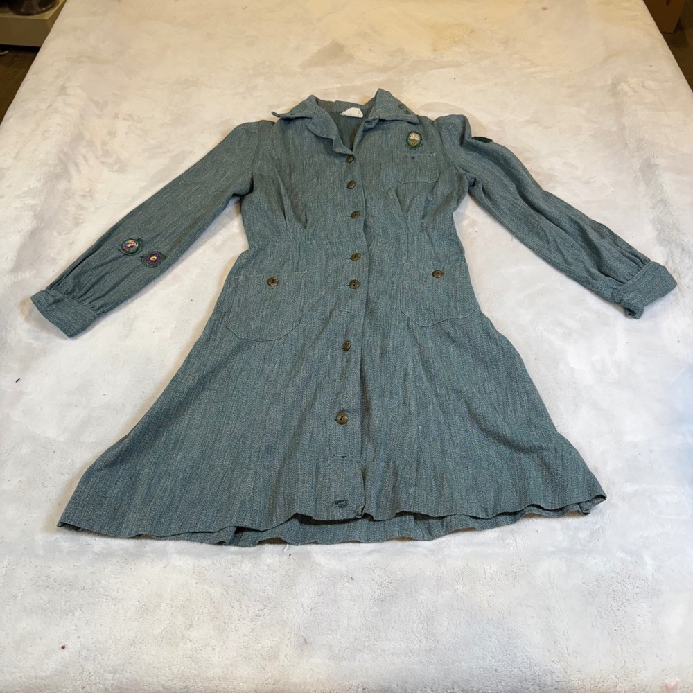 Vintage Girl Scouts Official Uniform Dress Green Herringbone Sanforized Cotton